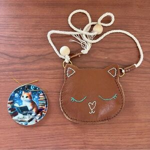 Handmade Genuine Leather Cat Mini Purse + Books & Cats Ornament Bundle